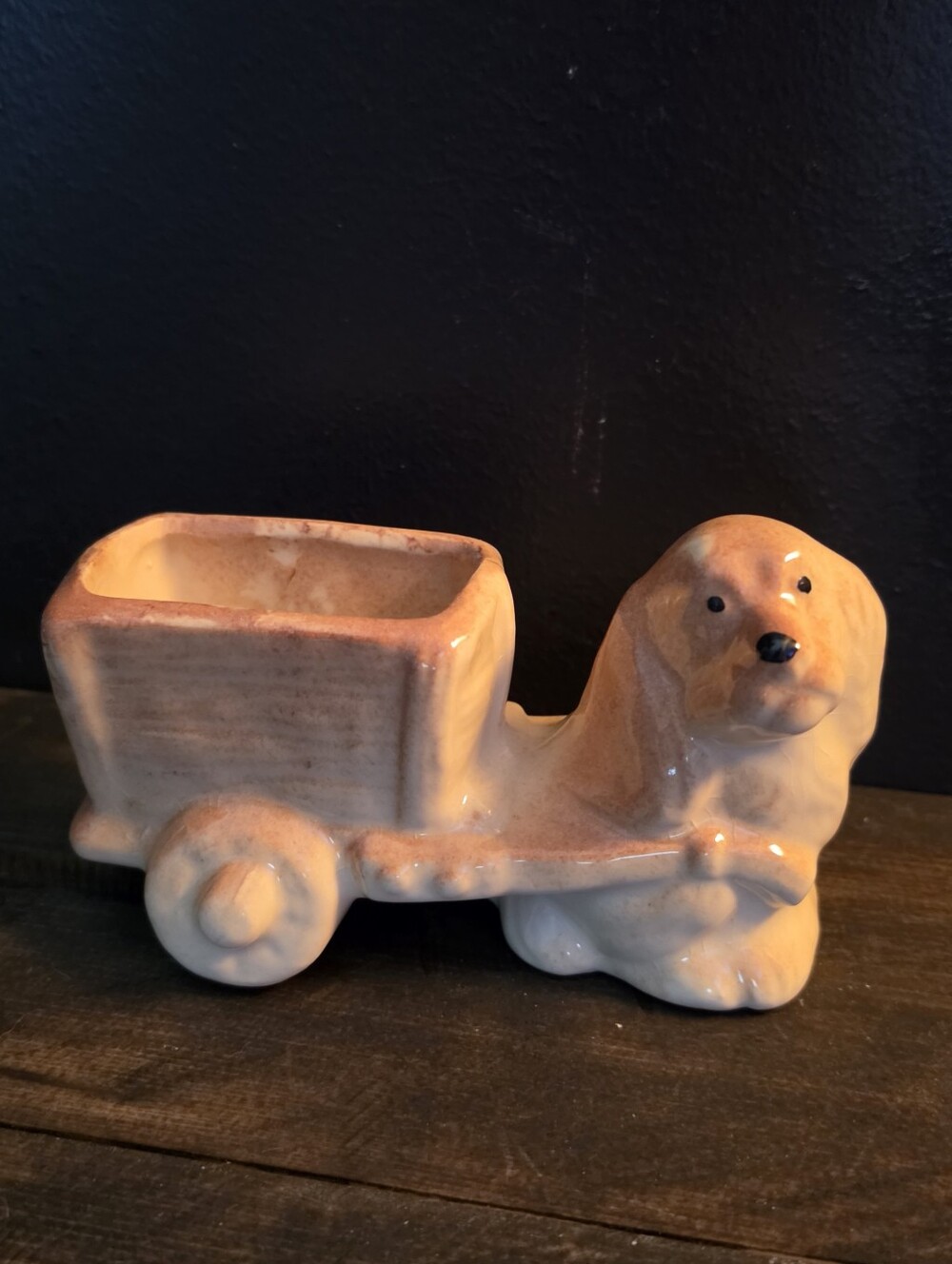 Vintage Ceramic Cocker Spaniel Dog Pulling Cart Planter Brown Tan Pottery